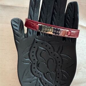 Longchamp Red Leather Bracelet with Silver Tone ID Tag